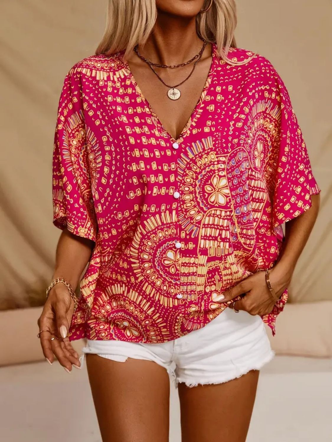 Printed V-Neck Half Sleeve Top
